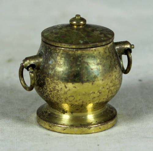 Miniature handcrafted brass temptations lidded pot