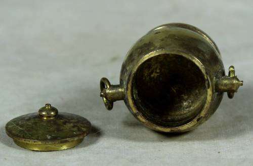 Miniature handcrafted brass temptations lidded pot