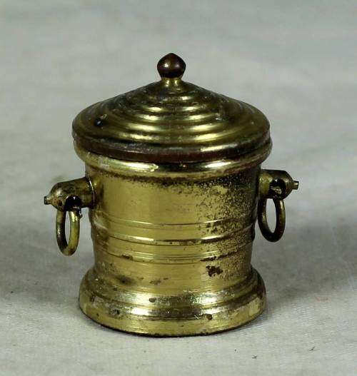 Miniature handcrafted brass temptations lidded pot