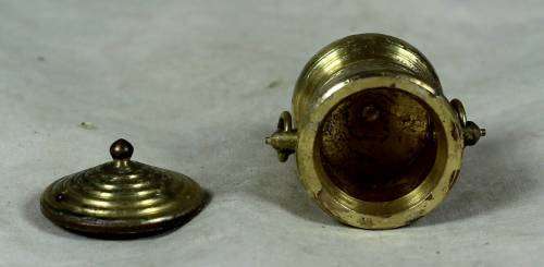 Miniature handcrafted brass temptations lidded pot