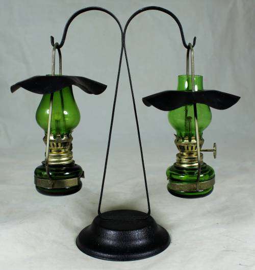 BEAUTIFUL VINTAGE SMALL PAIR OF HANGING OIL LAMPS-BID NOW!!