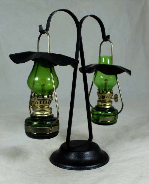 BEAUTIFUL VINTAGE SMALL PAIR OF HANGING OIL LAMPS-BID NOW!!