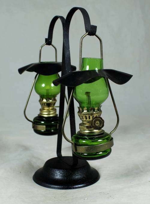 BEAUTIFUL VINTAGE SMALL PAIR OF HANGING OIL LAMPS-BID NOW!!