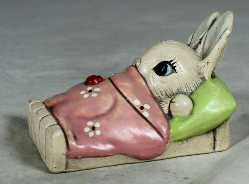 HAND PAINTED STONE CRAFT RABBIT IN BED - BID NOW!!!