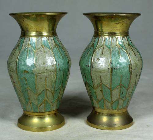 STUNNING PAIR OF SOLID BRASS VASES WITH METAL INLAY -BID NOW