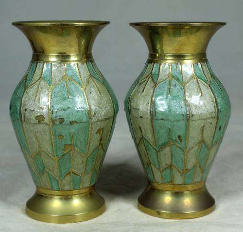 STUNNING PAIR OF SOLID BRASS VASES WITH METAL INLAY -BID NOW