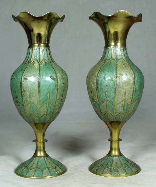 Pair of solid brass vases with metal inlay