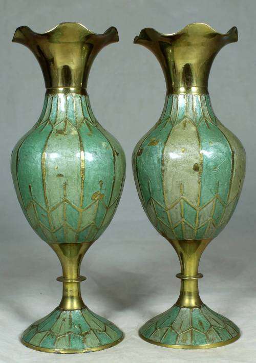 Pair of solid brass vases with metal inlay