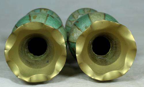 Pair of solid brass vases with metal inlay