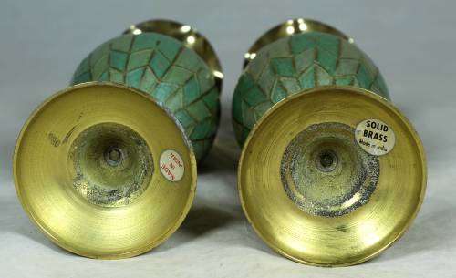 Pair of solid brass vases with metal inlay