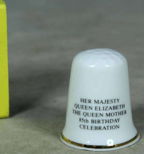 THIMBLE-HER MAJESTY QUEEN ELIZABETH THE QUEEN MOTHER ON HER 85TH BIRTHDAY