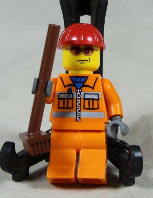 Miniature Lego figurine - Construction worker with broom and red hardhat ( CTY0132)