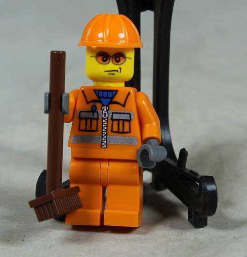 Miniature Lego figurine - Construction worker with broom and orange hardhat ( CTY0132)