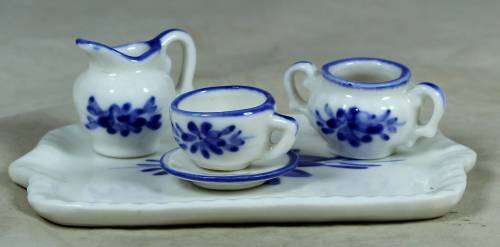 blue & white miniature tray with part tea set