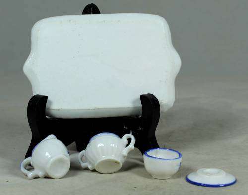 blue & white miniature tray with part tea set