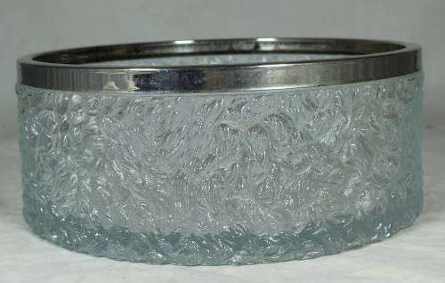 Large pressed glass bowl with a silver plated rim