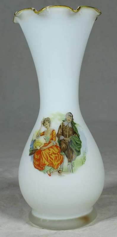 White glass vase with a victorian couple