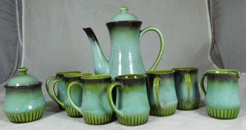 BALBOA - GREEN AND BLACK STONE WARE LOOK COFFEE SET-BID NOW!