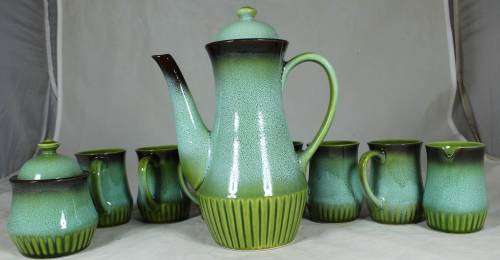 BALBOA - GREEN AND BLACK STONE WARE LOOK COFFEE SET-BID NOW!