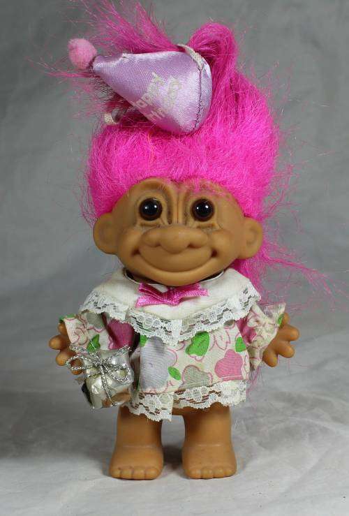 Russ Troll Doll Made In China - Vintage Troll In A Pink Birthday Dress