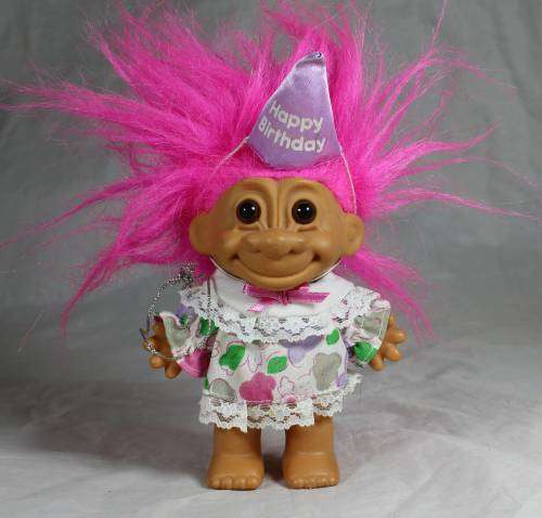 RUSS TROLL DOLL MADE IN CHINA -HAPPY BIRTHDAY TROLL IN A PARTY DRESS-BID NOW!!!!
