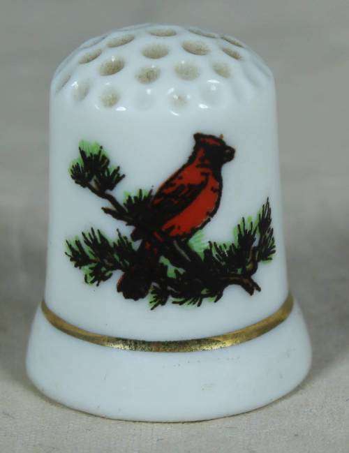 Porcelain thimble - red bird on a tree