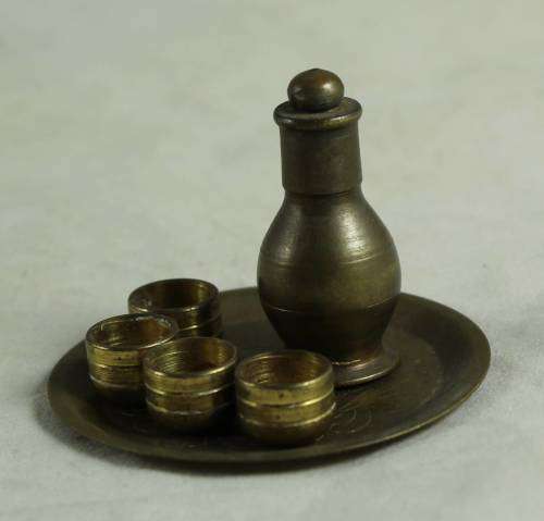 MINIATURE BRASS-DRINKS TRAY WITH DECANTER AND  FOUR CUPS-BID NOW!!