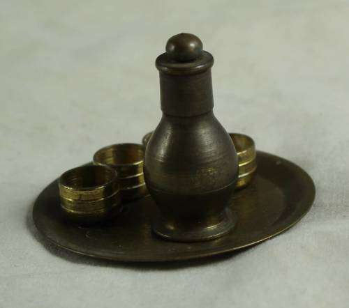MINIATURE BRASS-DRINKS TRAY WITH DECANTER AND  FOUR CUPS-BID NOW!!