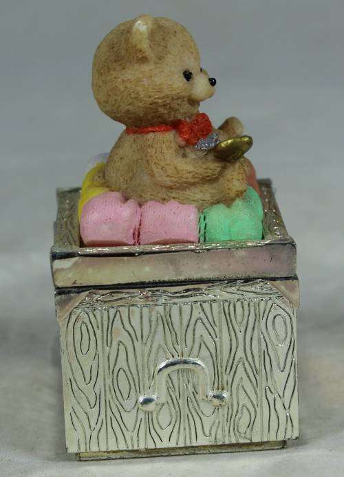 BEAR CUB SITTING ON A METAL PILL BOX (VELVET LINER)-BID NOW!!