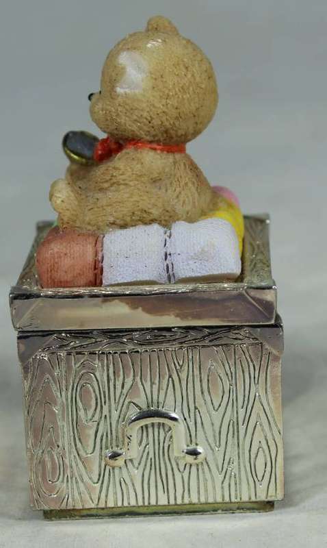 BEAR CUB SITTING ON A METAL PILL BOX (VELVET LINER)-BID NOW!!