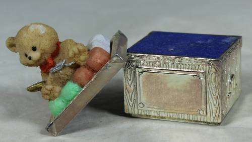 BEAR CUB SITTING ON A METAL PILL BOX (VELVET LINER)-BID NOW!!