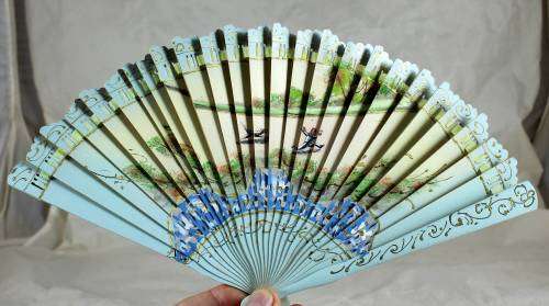 Hand Painted Holding Fan - Dog Chasing A Man
