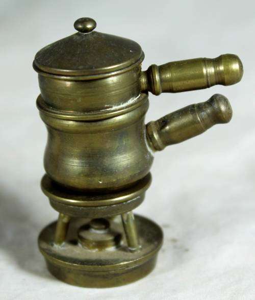 MINIATURE BRASS DUAL POT ON BURNER - BID NOW!!!