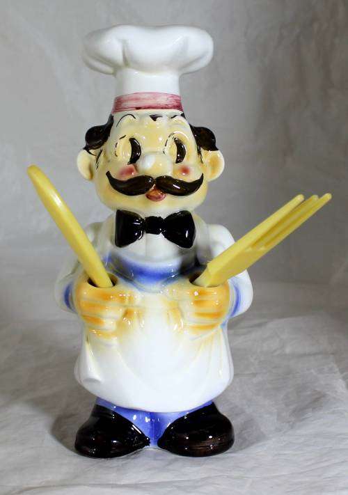 Large Porcelain Chef Holding Utensils - Beautiful!