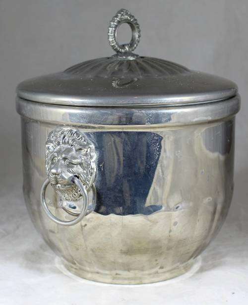 Silver plated lidded ice bucket with lions head handles