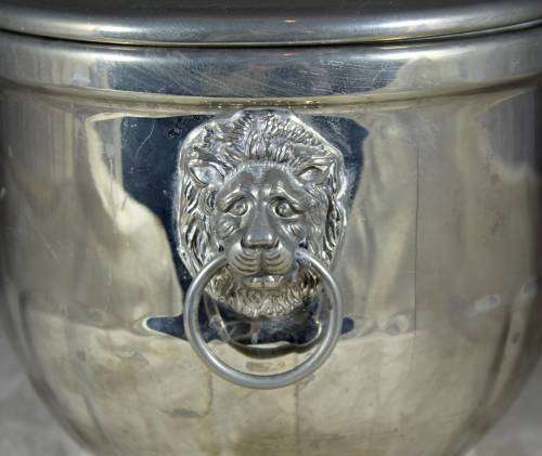Silver plated lidded ice bucket with lions head handles