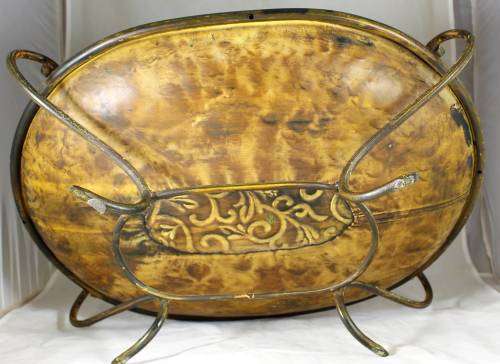 Large hand beated metal tray on stand