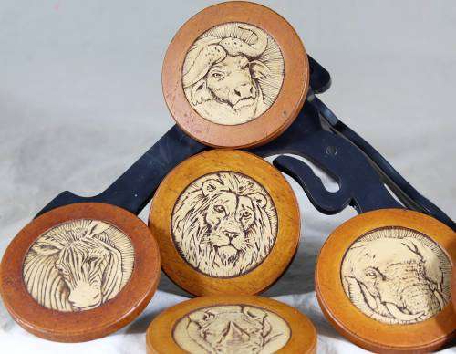 Set of six big six of South Africa - wooden coasters