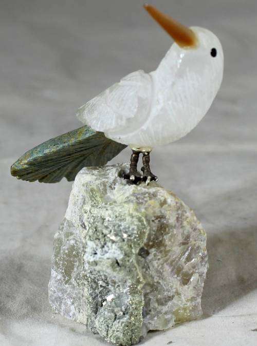 Semi Precious Stone - Bird on Rock - White Bird with Green Feathers - Beautiful!