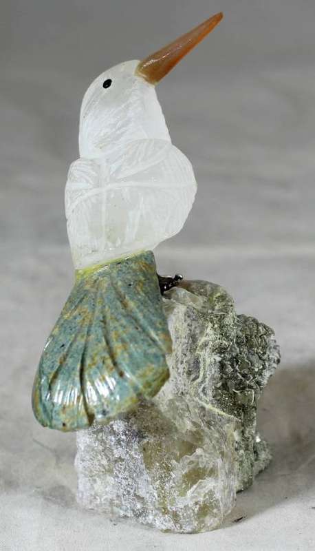 Semi Precious Stone - Bird on Rock - White Bird with Green Feathers - Beautiful!