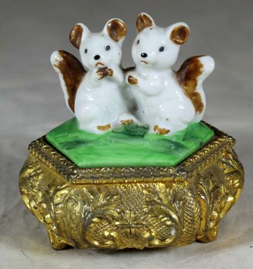 Jewelry Container with Porcelain Squirrels  Bid Now!!