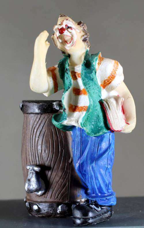 Small Clown Figurine - Shouting with a Book and Barrel- BID NOW