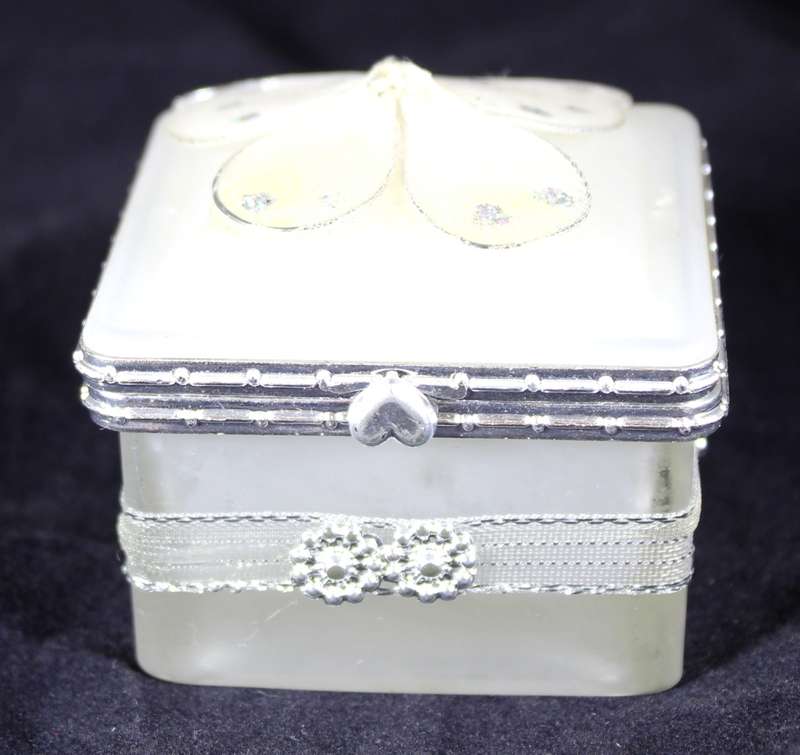 White glass trinket bowl with butterfly lid