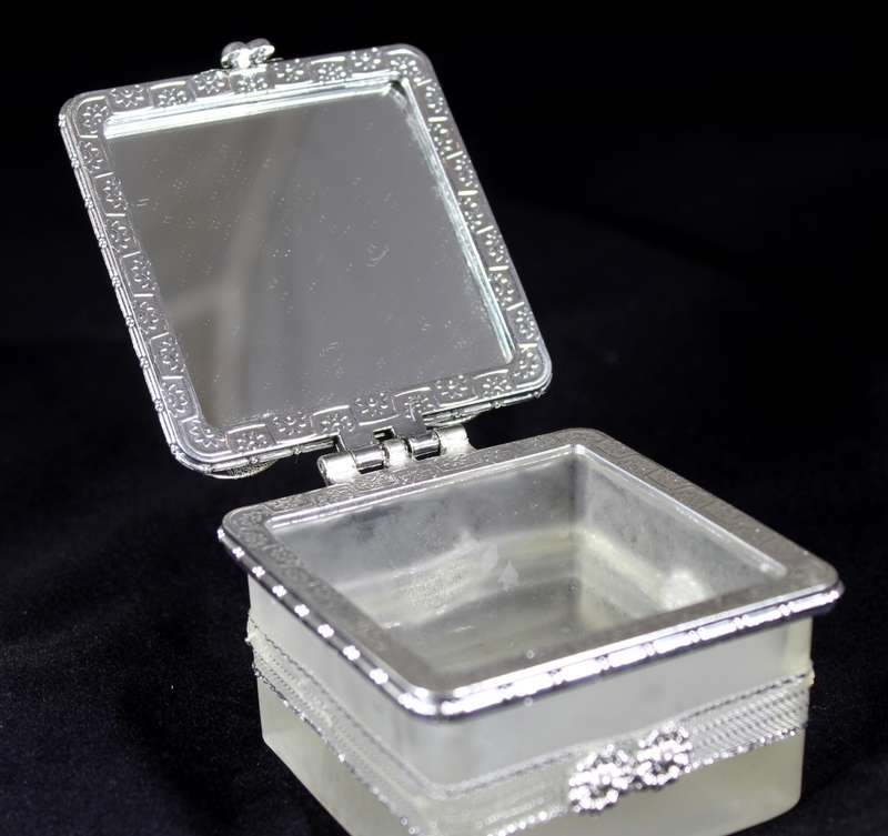 White glass trinket bowl with butterfly lid