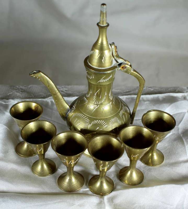 Brass Turkish style tea pot with six cups
