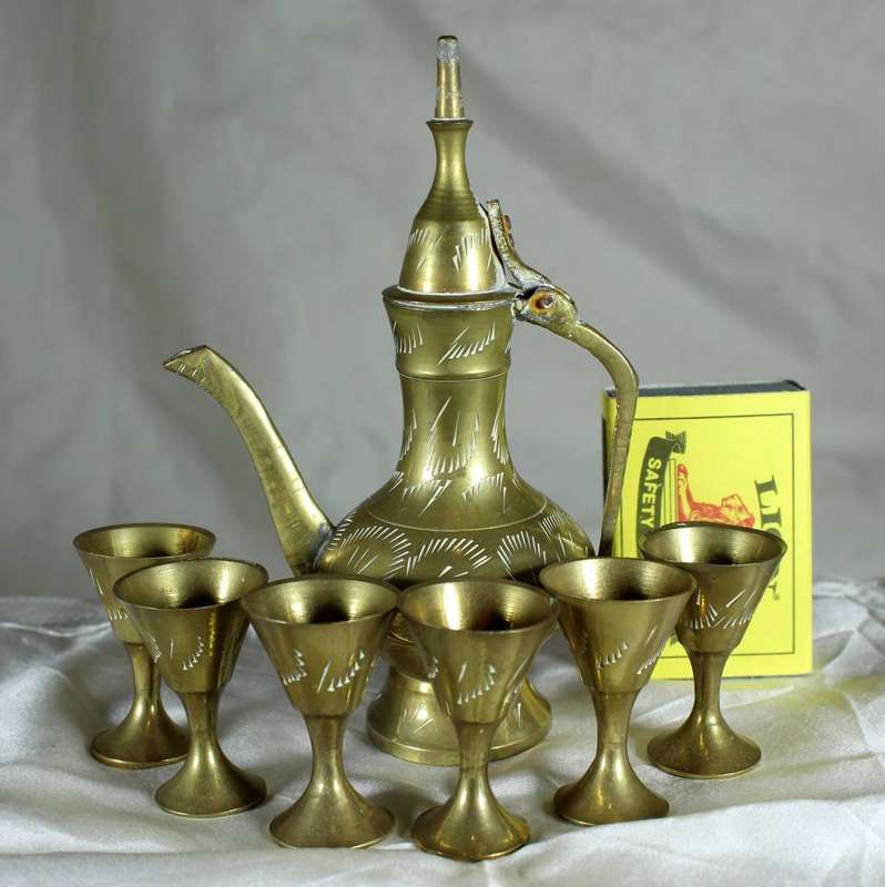 Brass Turkish style tea pot with six cups