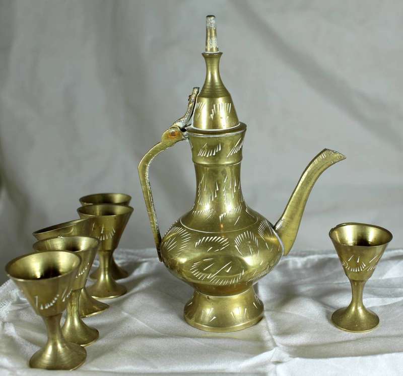 Brass Turkish style tea pot with six cups