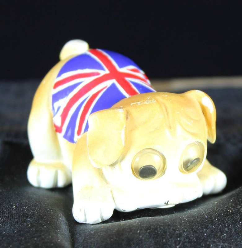 Bulldog with googly eyes and union jack flag
