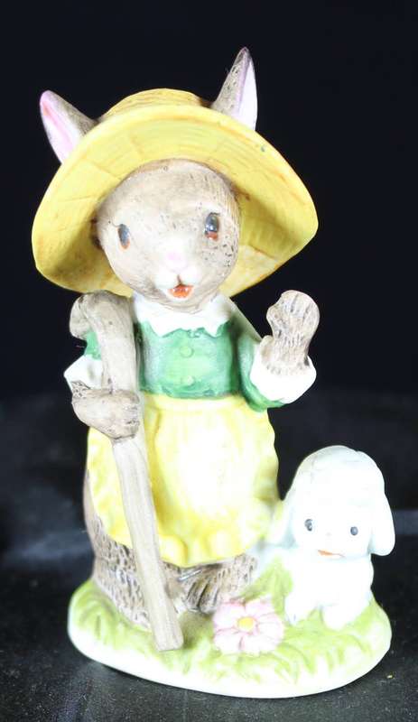 Netsuke 1970 rabbit with bonnet shepherdess with little lamb