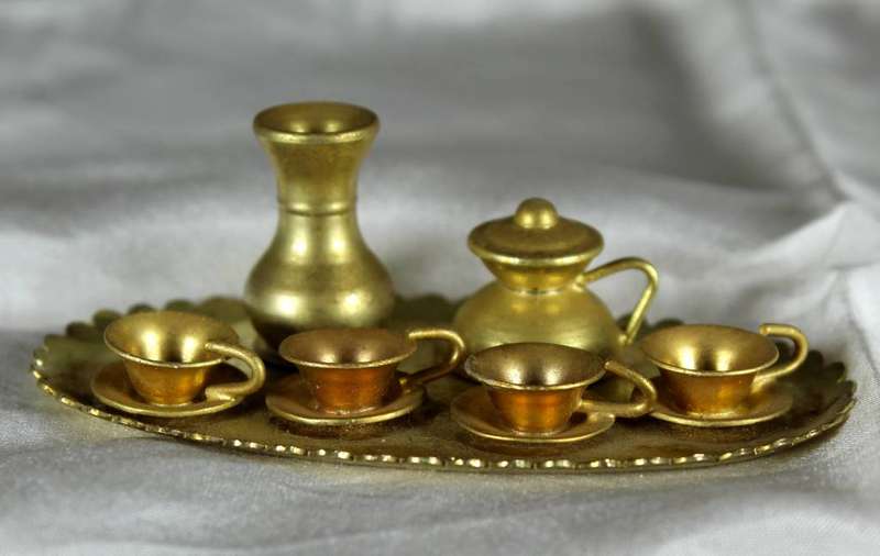 Miniature brass tray with cups & water jug